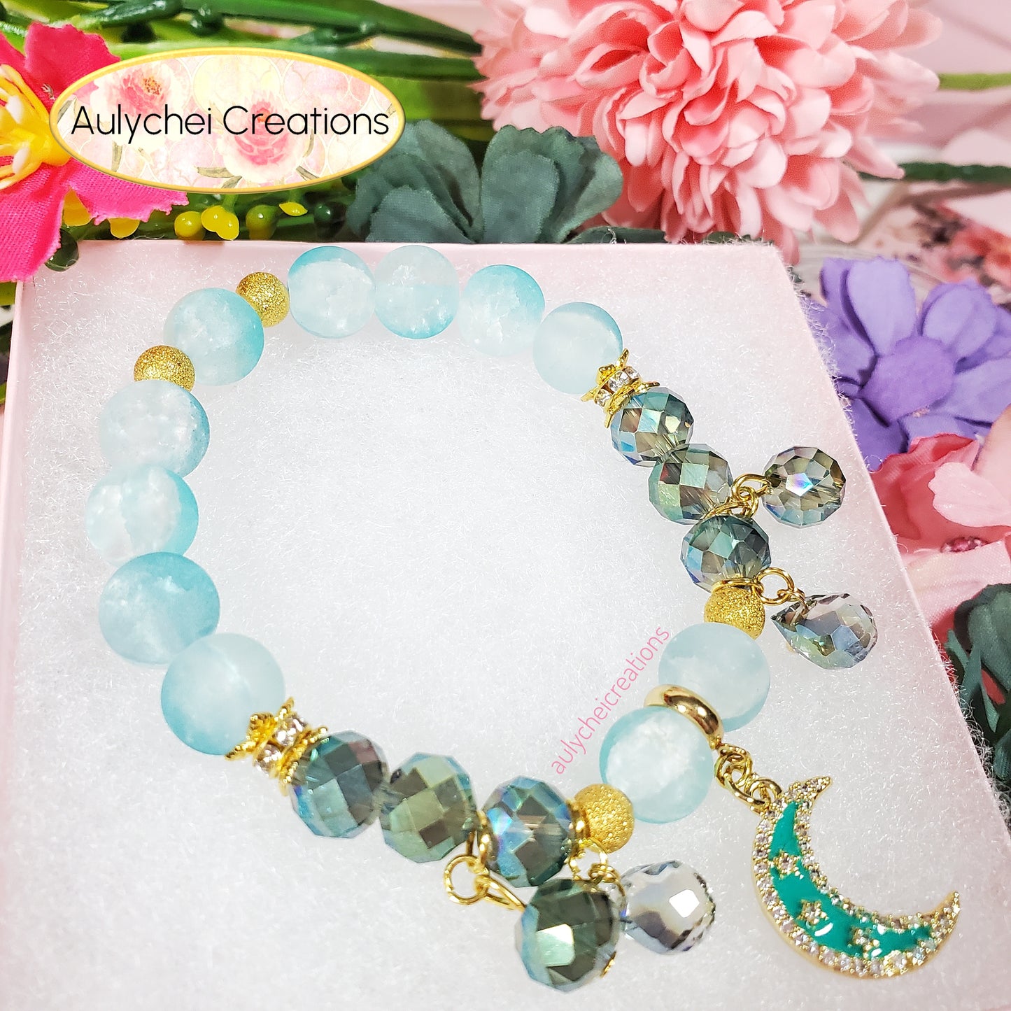 18K Teal Enamel Moon Frosted Bead Bracelet