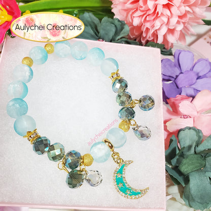 18K Teal Enamel Moon Frosted Bead Bracelet