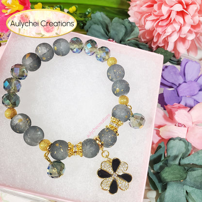 18K Black Enamel Flower Frosted Bead Bracelet