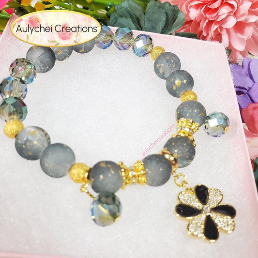 18K Black Enamel Flower Frosted Bead Bracelet