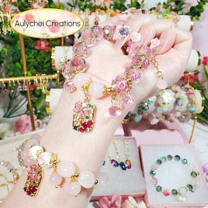 Cubic Zirconia Flower Lampwork Bead Bracelet