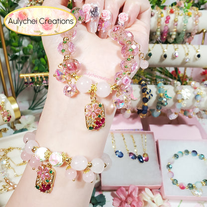 Cubic Zirconia Flower Lampwork Bead Bracelet