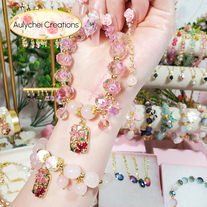 Cubic Zirconia Flower Lampwork Bead Bracelet