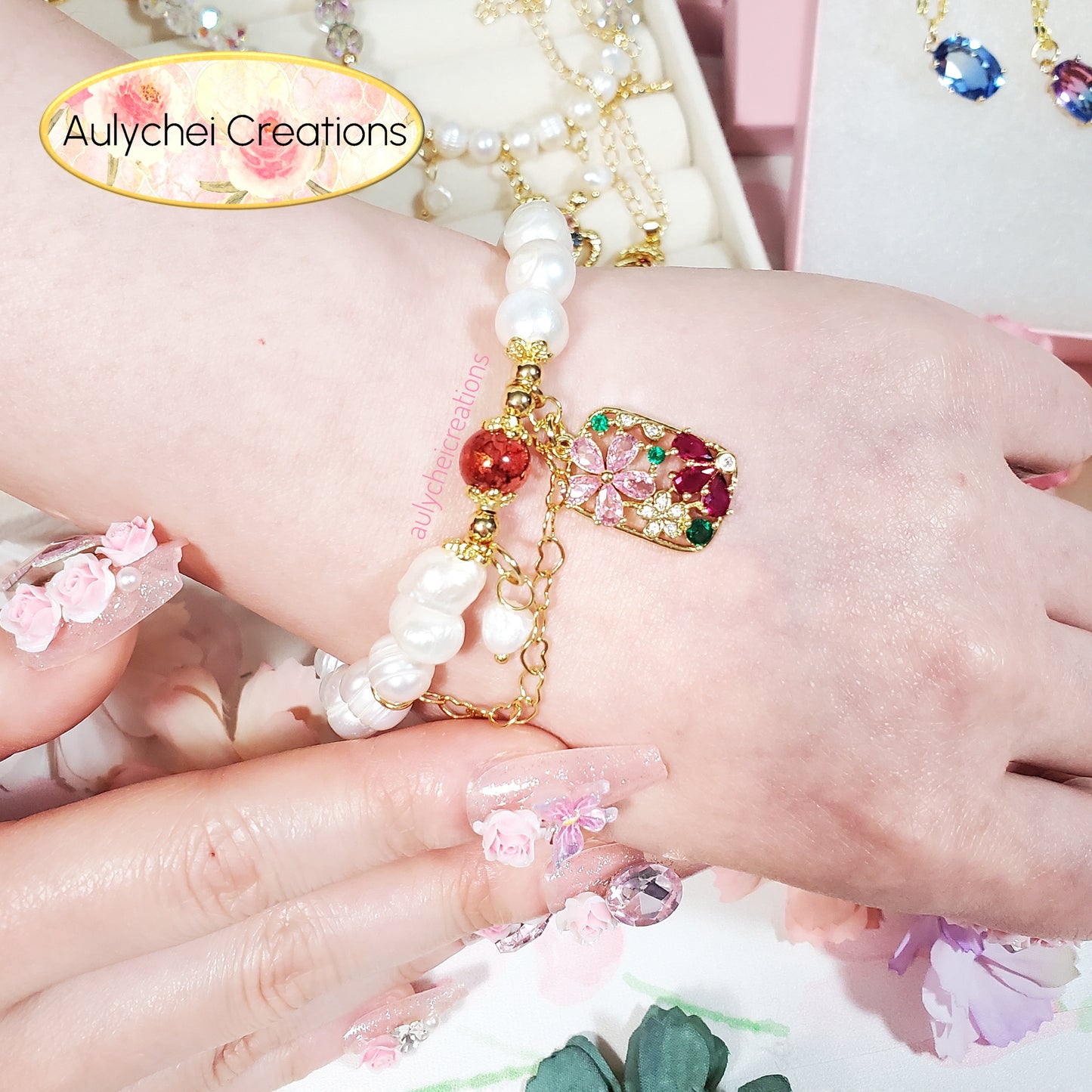 Cubic Zirconia Flower Cultured Pearl Bracelet