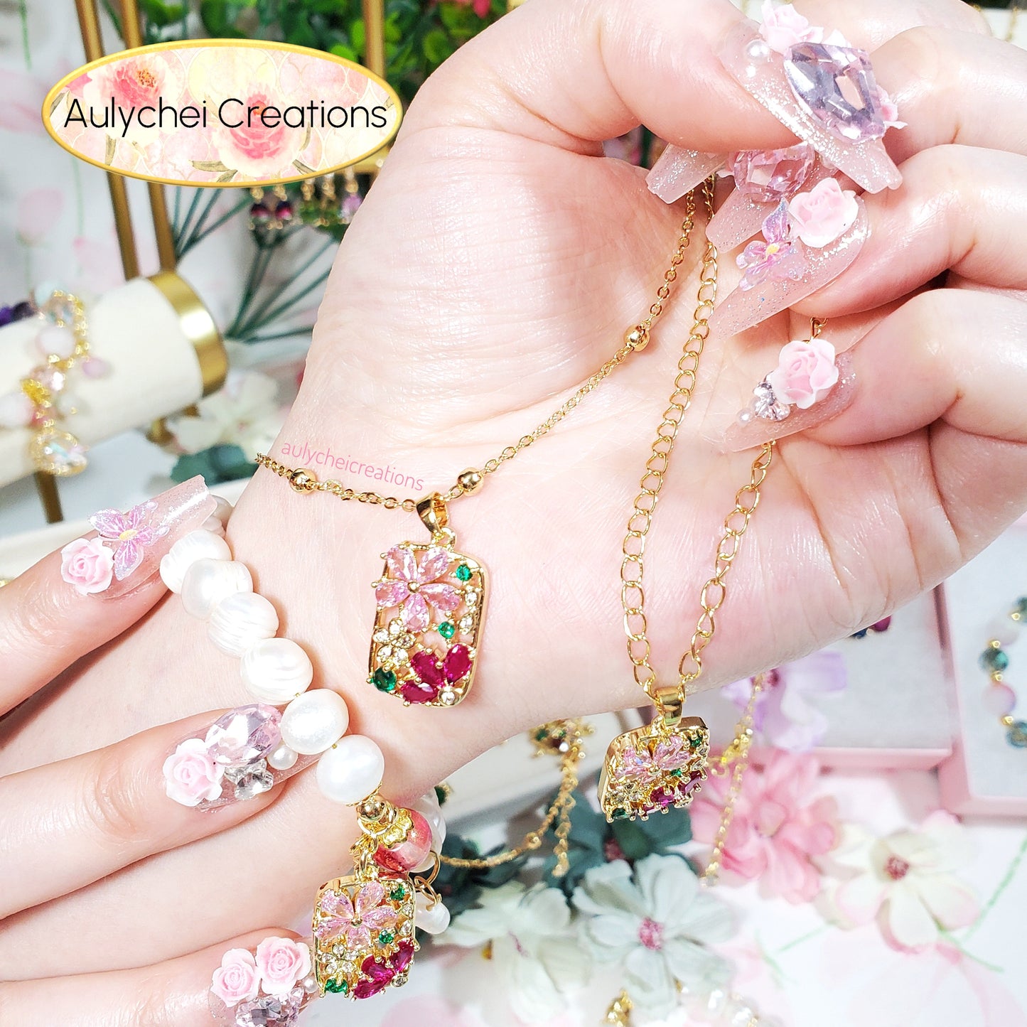 Cubic Zirconia Flower Pendant Lavalier Chain Necklace