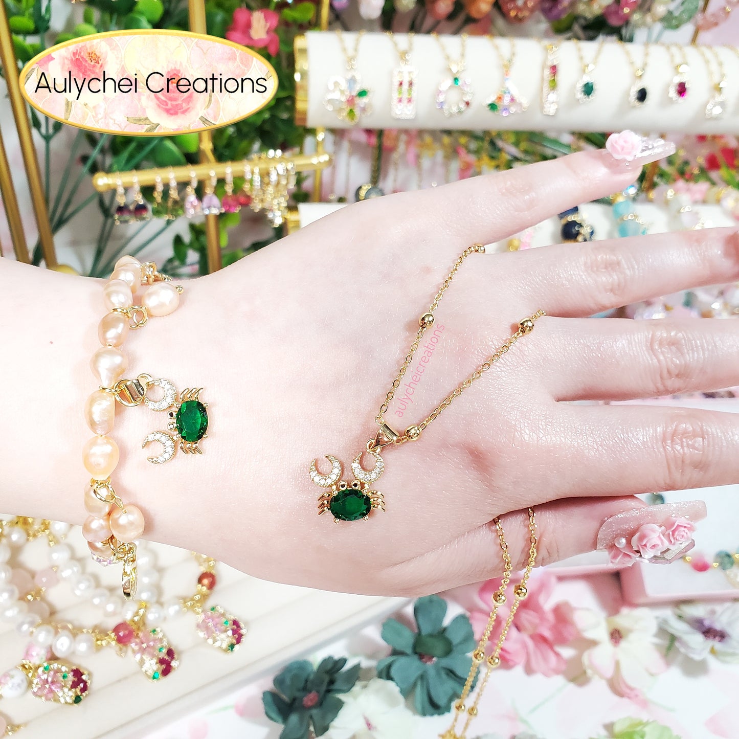 Cubic Zirconia Emerald Crab Pearl Jewelry Set