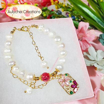 Cubic Zirconia Flower Cultured Pearl Bracelet