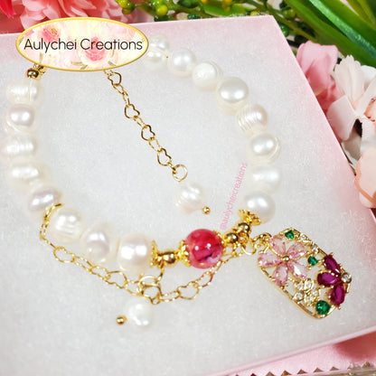 Cubic Zirconia Flower Cultured Pearl Bracelet