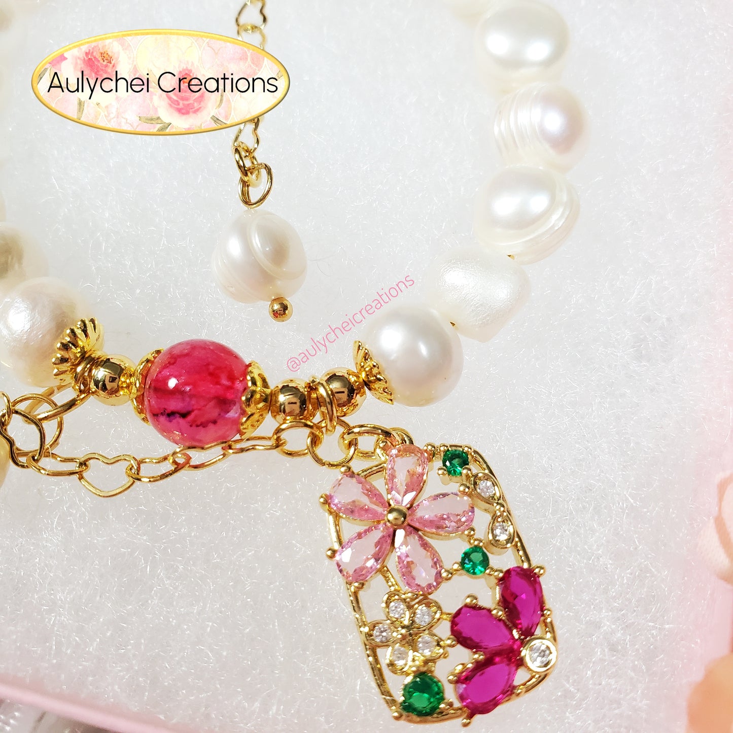 Cubic Zirconia Flower Cultured Pearl Bracelet