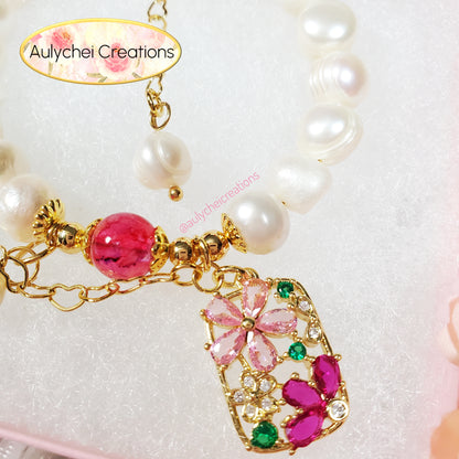 Cubic Zirconia Flower Cultured Pearl Bracelet