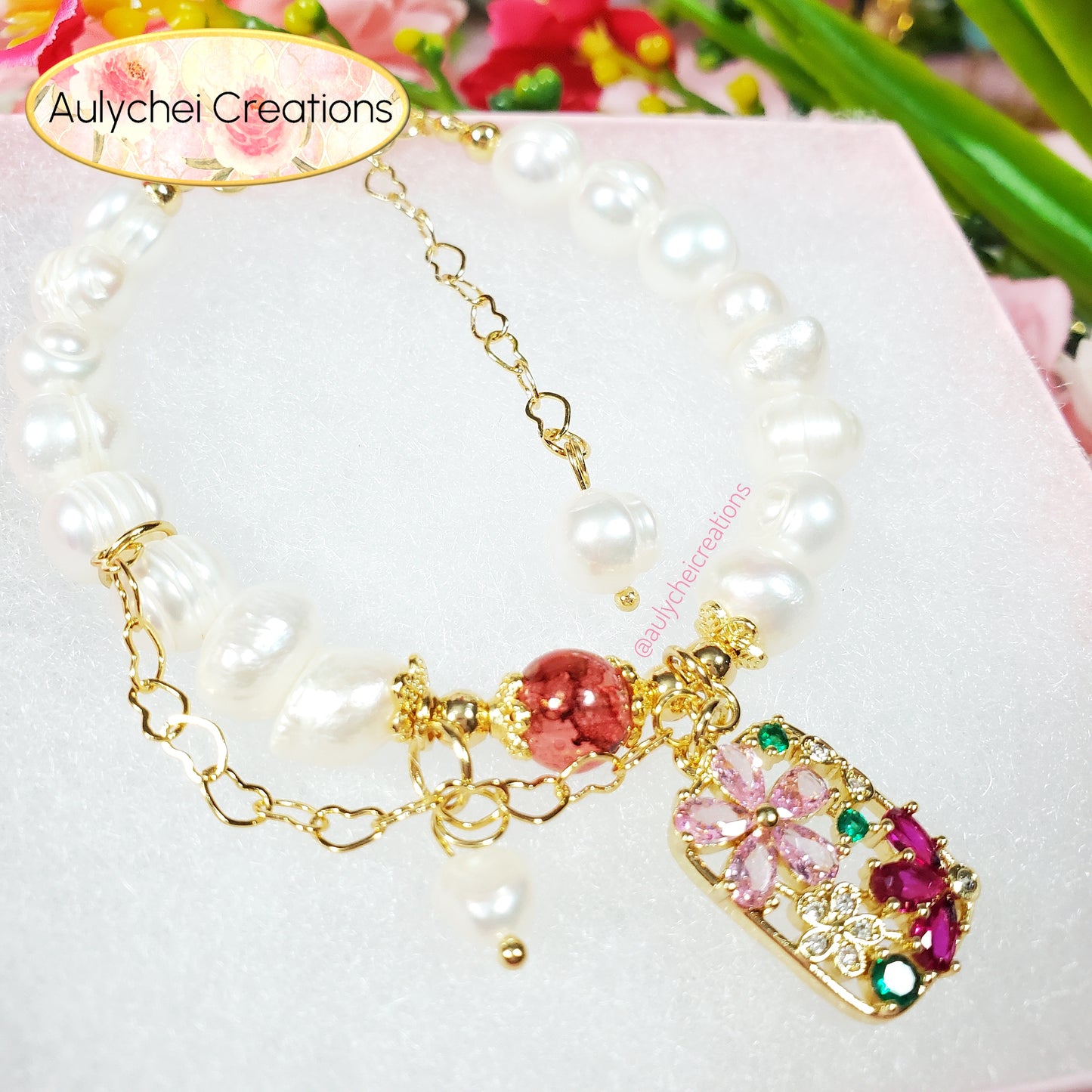 Cubic Zirconia Flower Cultured Pearl Bracelet