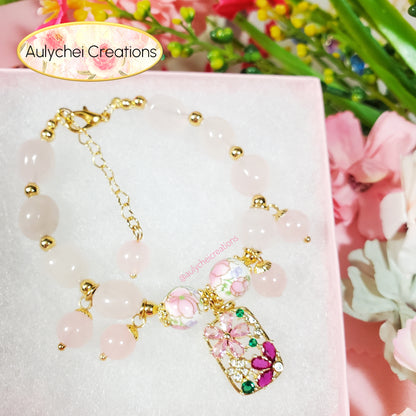 Cubic Zirconia Flower Rose Quartz Bracelet