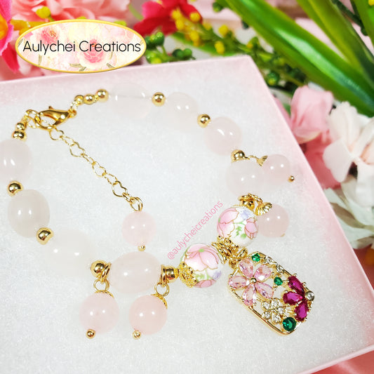 Cubic Zirconia Flower Rose Quartz Bracelet