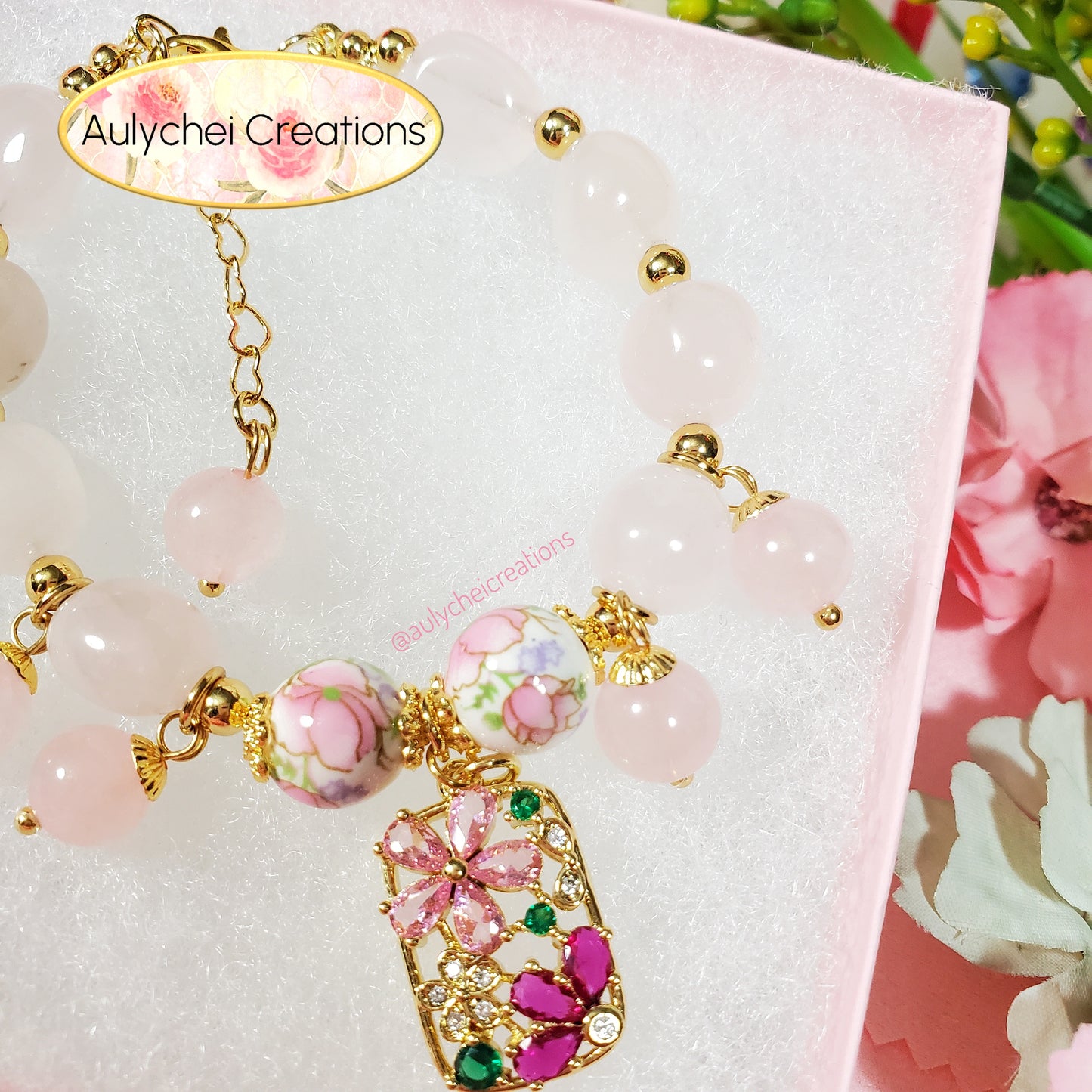 Cubic Zirconia Flower Rose Quartz Bracelet