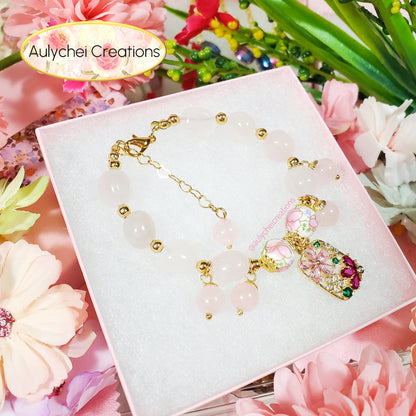 Cubic Zirconia Flower Rose Quartz Bracelet