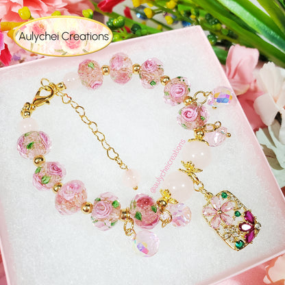 Cubic Zirconia Flower Lampwork Bead Bracelet