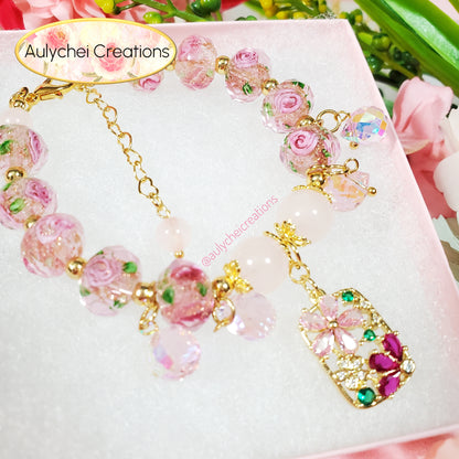 Cubic Zirconia Flower Lampwork Bead Bracelet