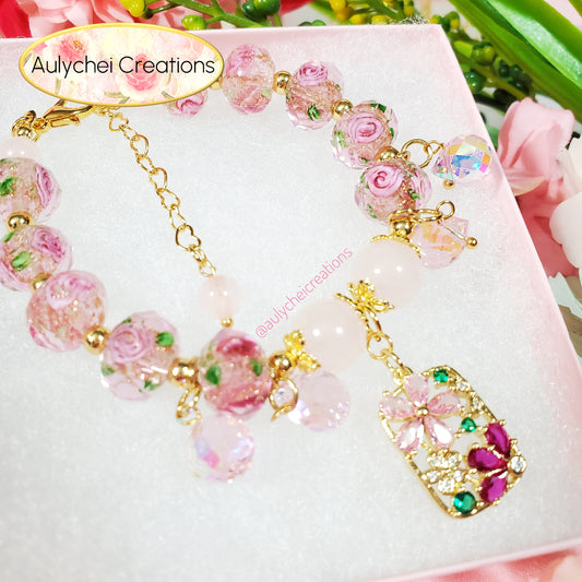 Cubic Zirconia Flower Lampwork Bead Bracelet