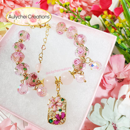 Cubic Zirconia Flower Lampwork Bead Bracelet