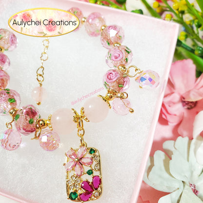 Cubic Zirconia Flower Lampwork Bead Bracelet