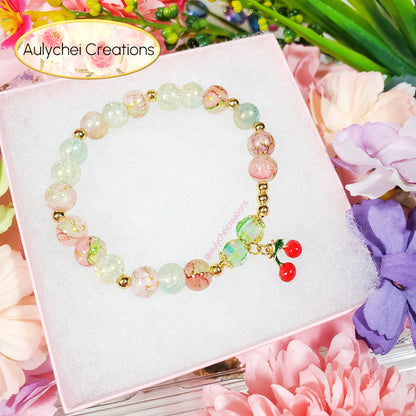 Cherry Enamel Marble Bead Charm Bracelet