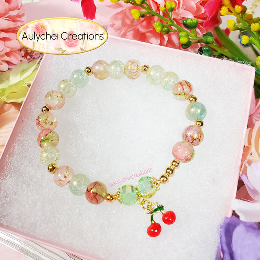 Cherry Enamel Marble Bead Charm Bracelet