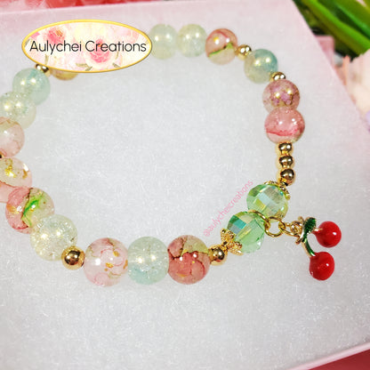 Cherry Enamel Marble Bead Charm Bracelet