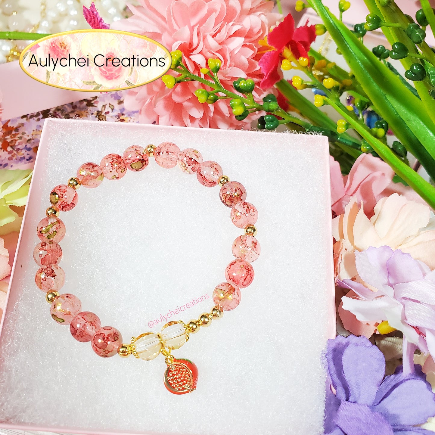 Pomegranate Enamel Marble Bead Charm Bracelet 01