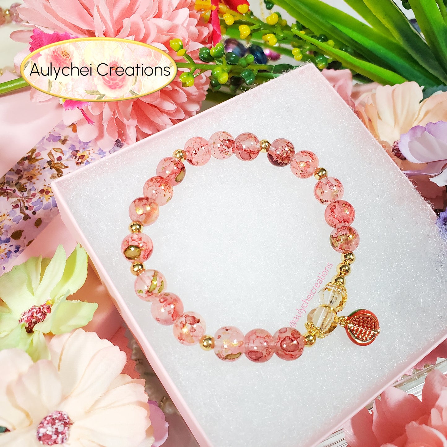 Pomegranate Enamel Marble Bead Charm Bracelet 01