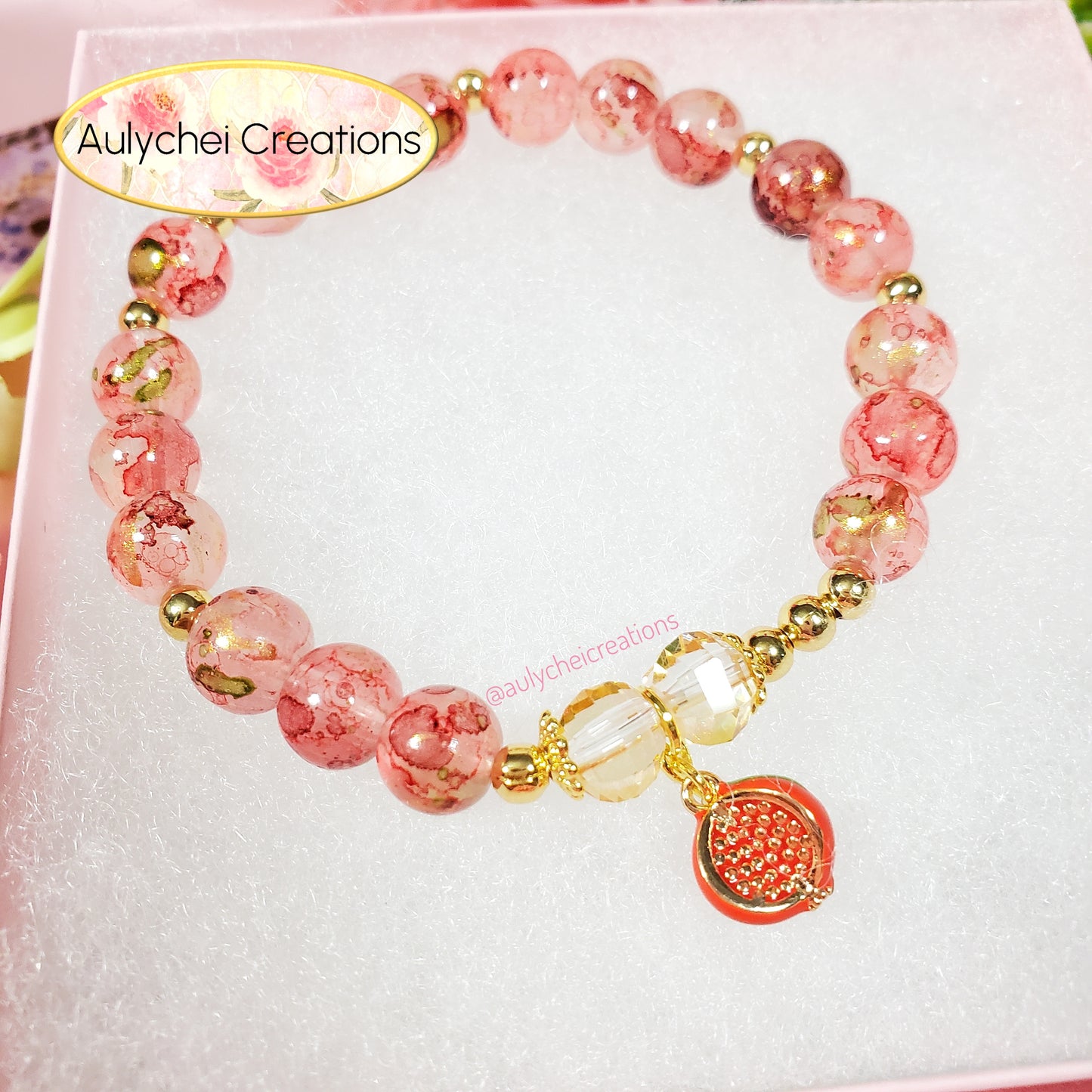 Pomegranate Enamel Marble Bead Charm Bracelet 01