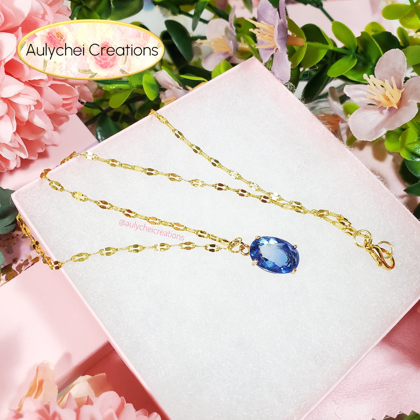 Cobalt Blue Cubic Zirconia Oval Pendant Necklace