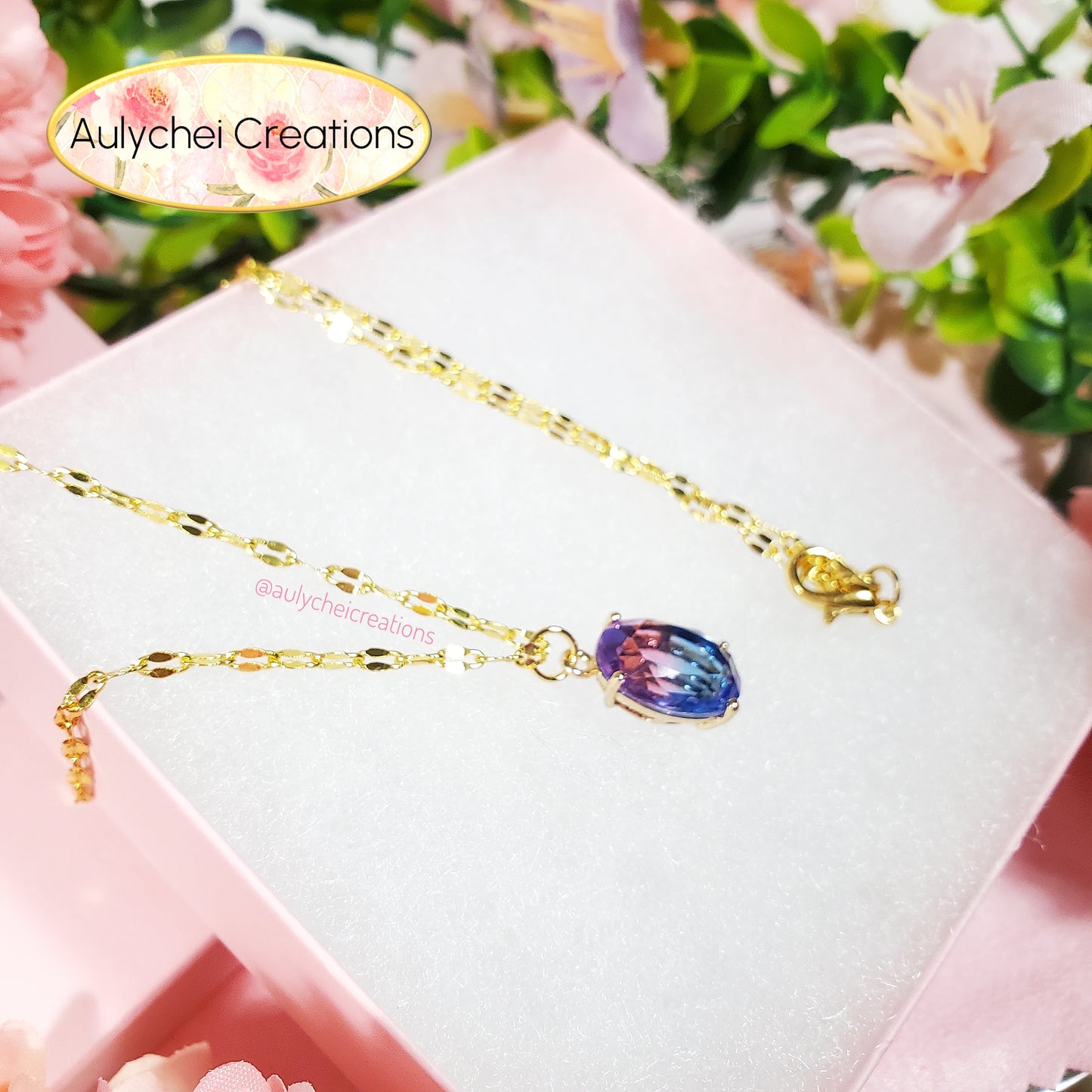 Purple Blue Cubic Zirconia Oval Pendant Necklace