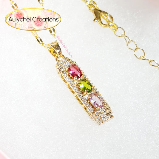Oblong Tri-Color Cubic Zirconia Pendant Necklace