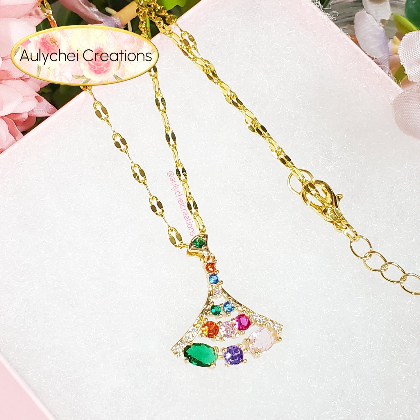 Fan Multi-Color Cubic Zirconia Pendant Necklace