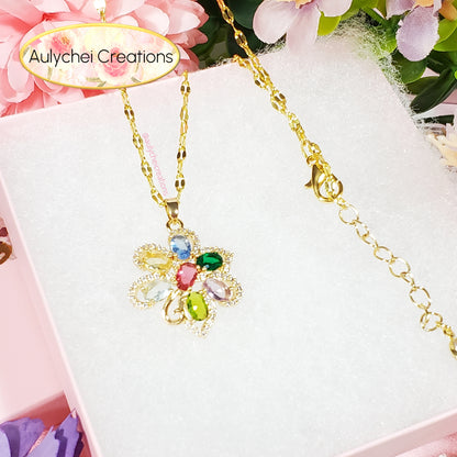 Flower Multi-Color Cubic Zirconia Pendant Necklace