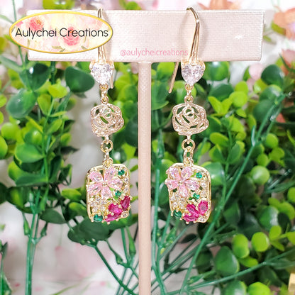 Cubic Zirconia Flower Pendant Rose Hook Earrings