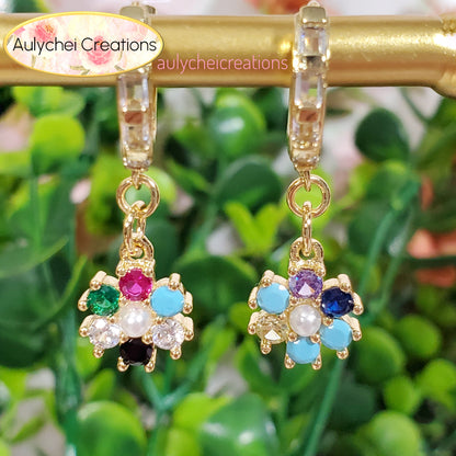 Flower Multi-Color Cubic Zirconia Dainty Drop Earrings