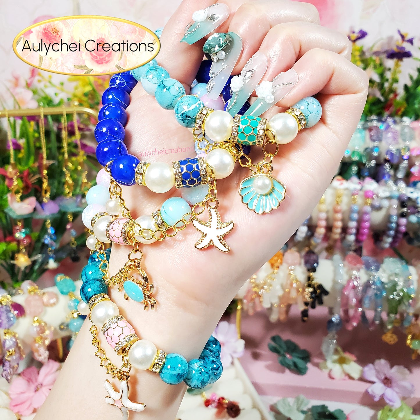 Gradient Ocean Beaded Crab Charm Bracelet