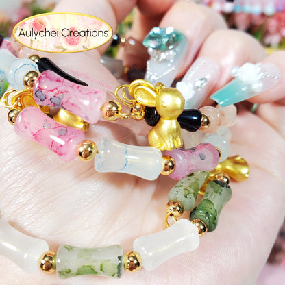Rainbow Bamboo Glass Bead Wrap Bracelet Gold Bunny