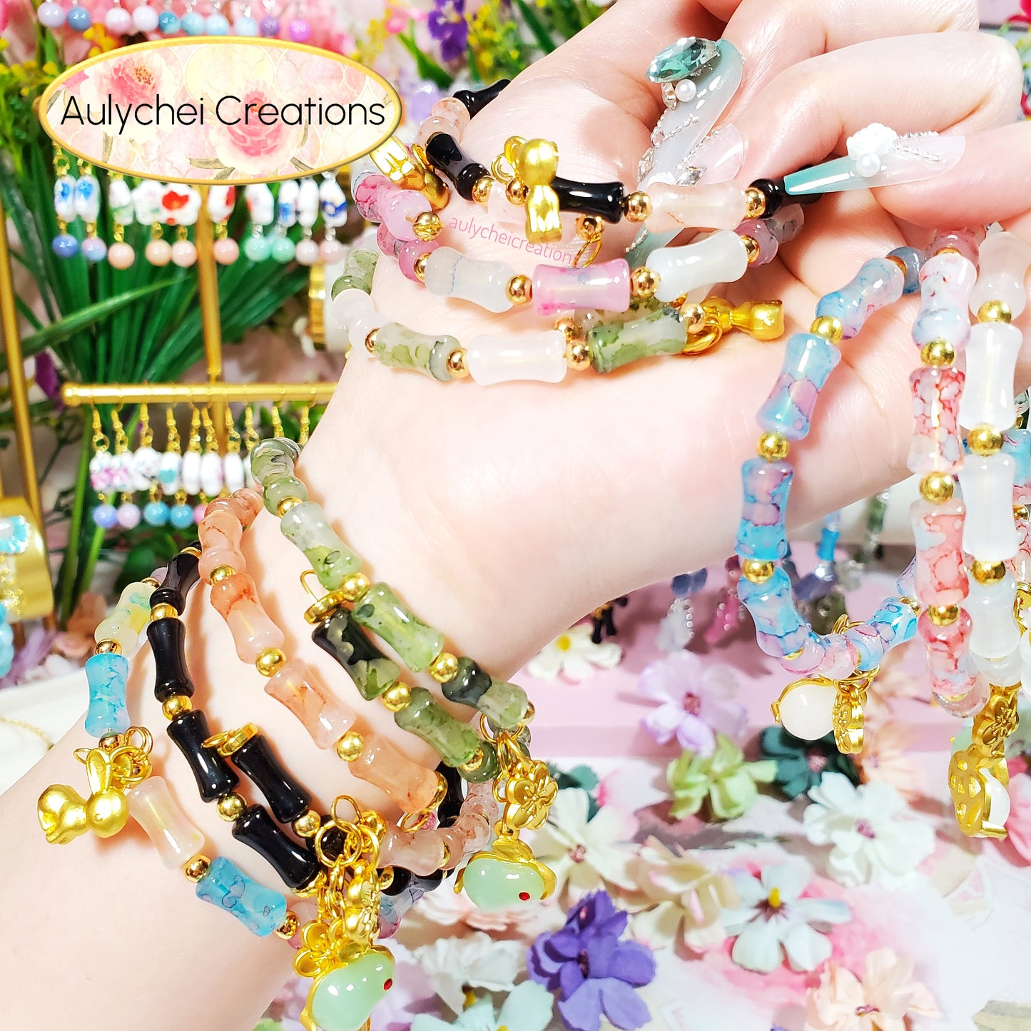 Rainbow Bamboo Glass Bead Wrap Bracelet Gold Bunny