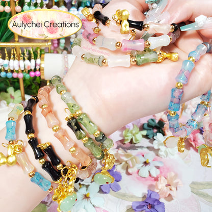 Rainbow Bamboo Glass Bead Wrap Bracelet Gold Bunny