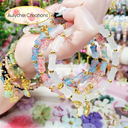 Rainbow Bamboo Glass Bead Wrap Bracelet Gold Bunny