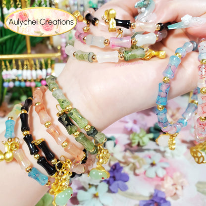 Rainbow Bamboo Glass Bead Wrap Bracelet Gold Bunny