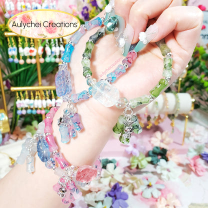 Blue Bamboo Glass Bead Bracelet Flower Pendant