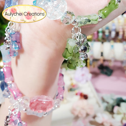 Blue Bamboo Glass Bead Bracelet Flower Pendant