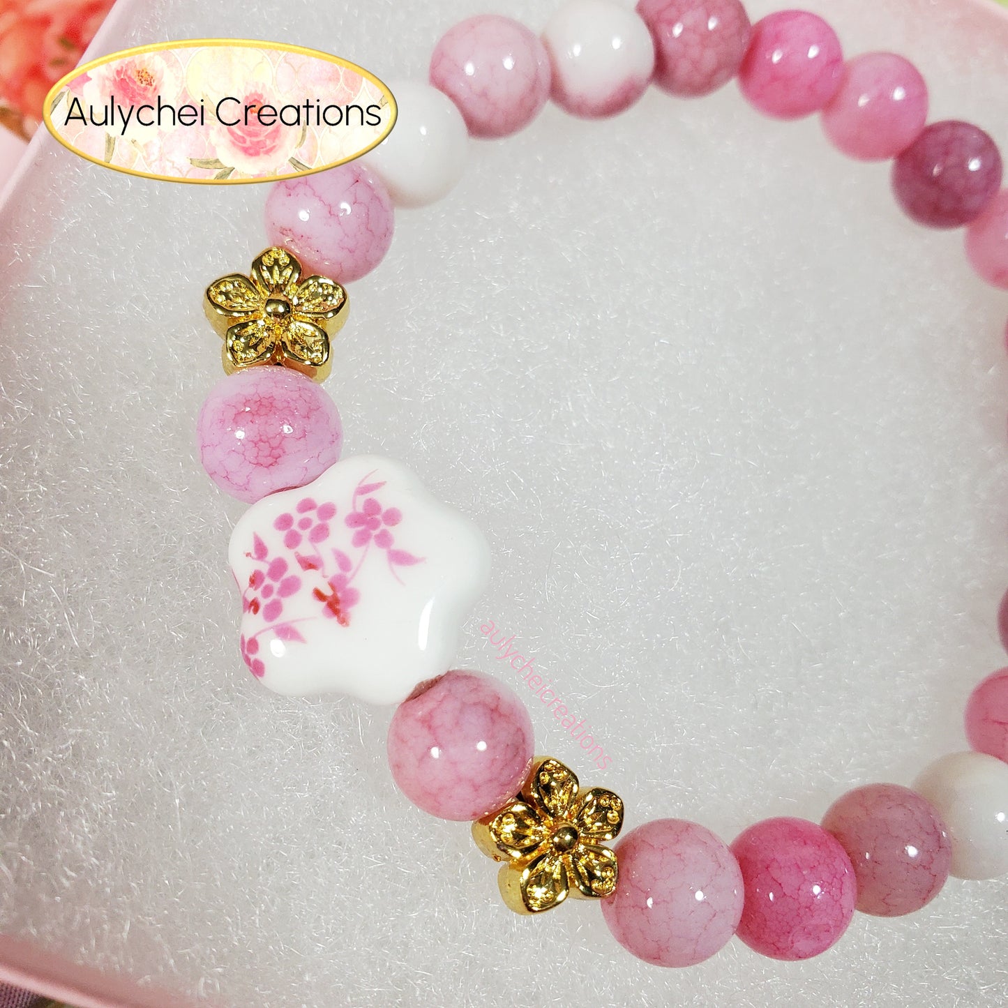 Cherry Blossom Ceramic Flower Bead Bracelet