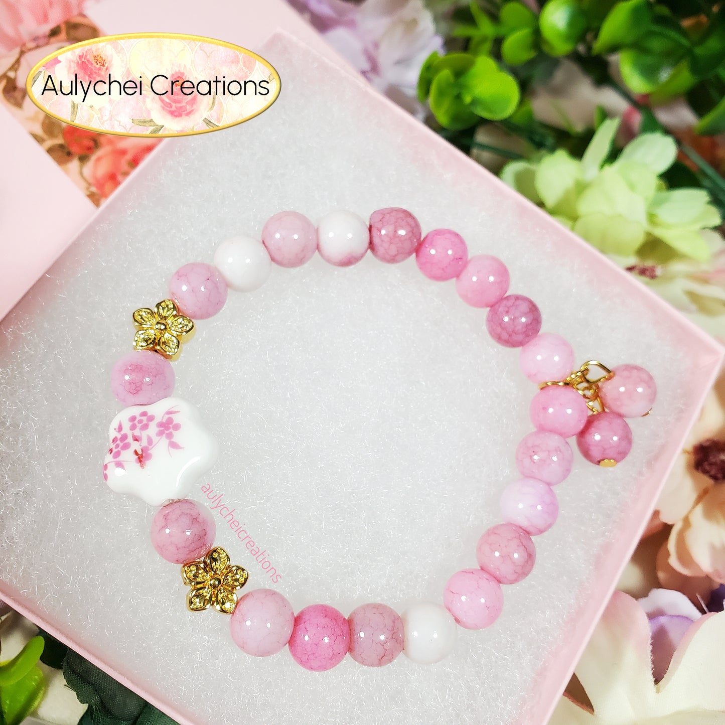 Cherry Blossom Ceramic Flower Bead Bracelet