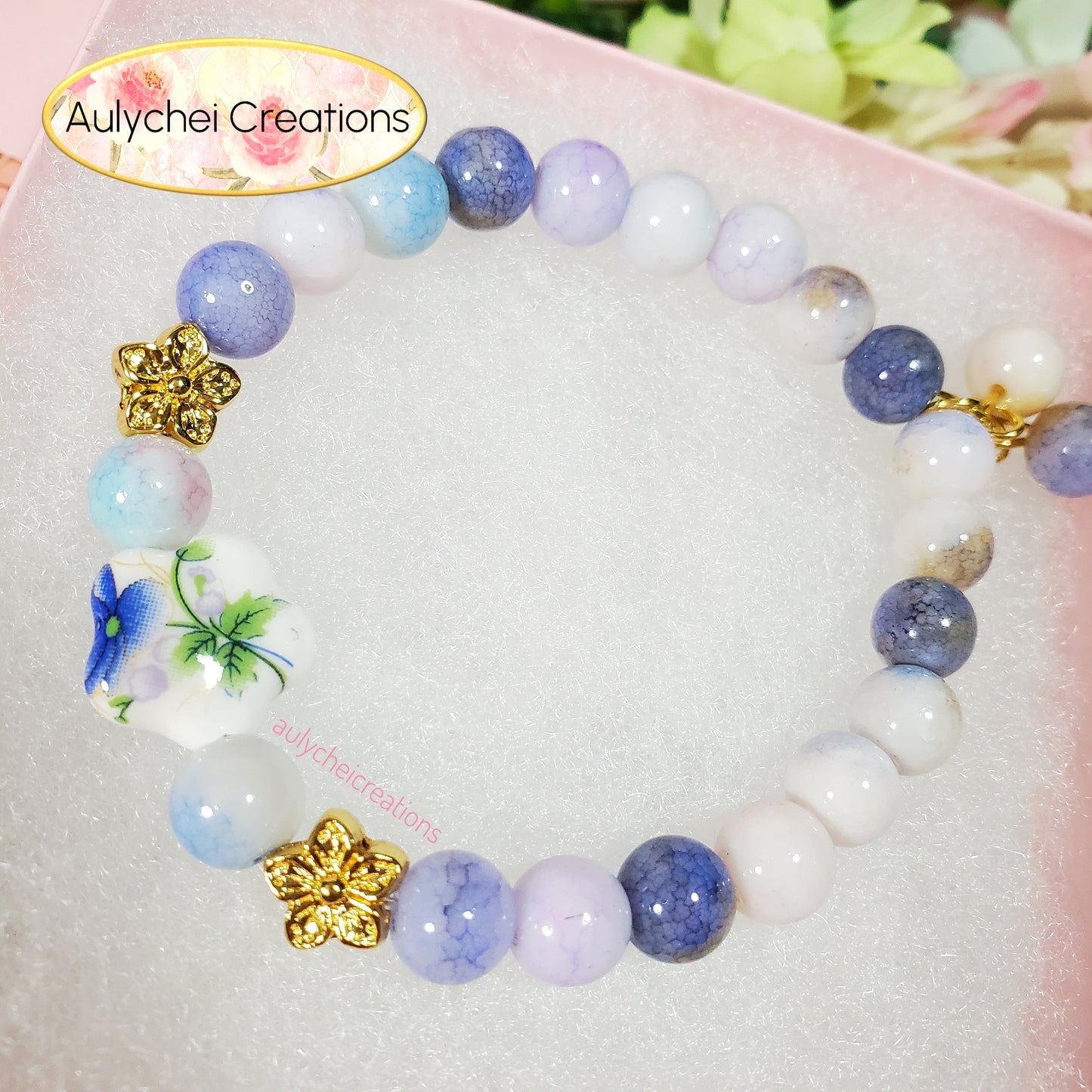 Blue Green Ceramic Flower Bead Bracelet
