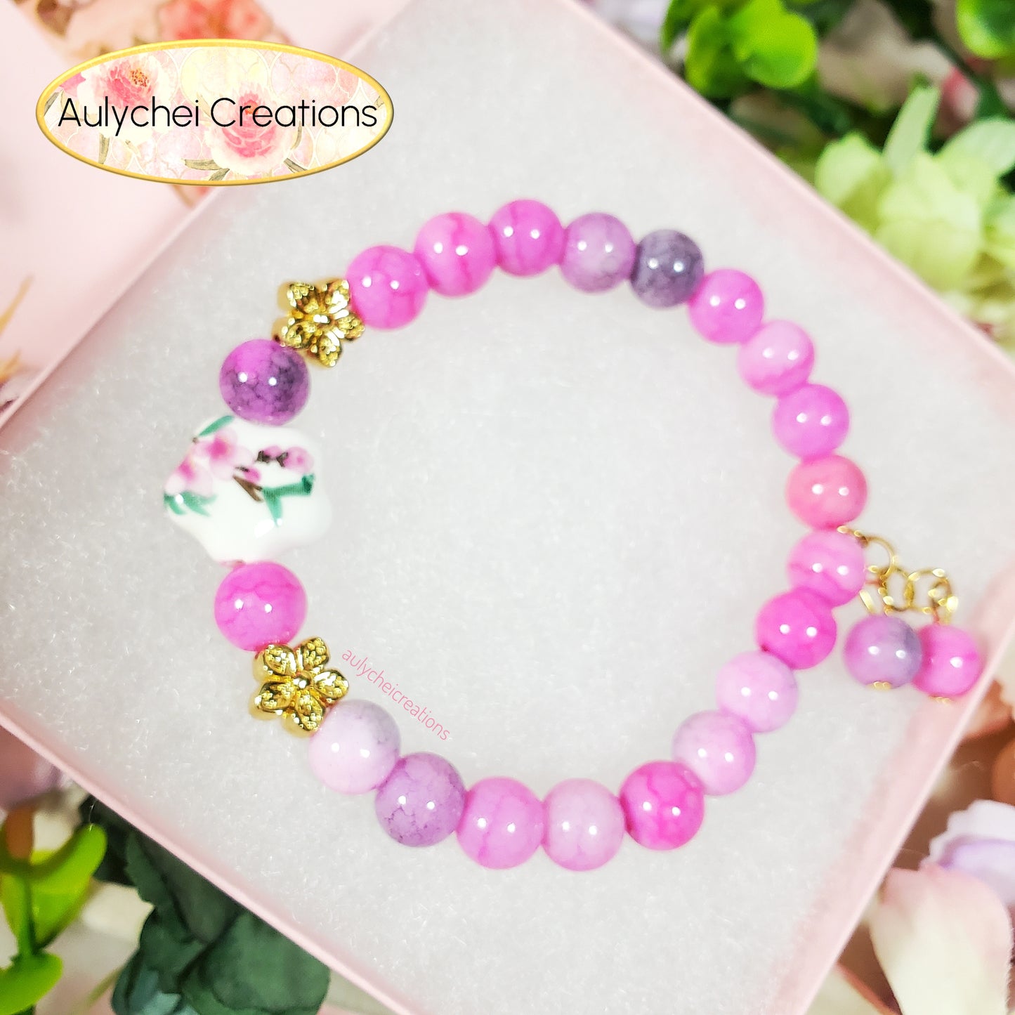 Pink Cherry Blossom Ceramic Flower Bead Bracelet