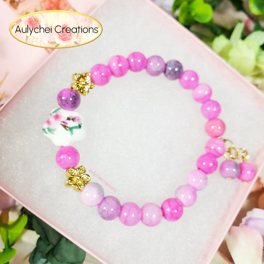 Pink Cherry Blossom Ceramic Flower Bead Bracelet